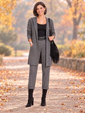 Eileen Fisher 2 piece pants outfit, grey, cropped pants, hooded jacket